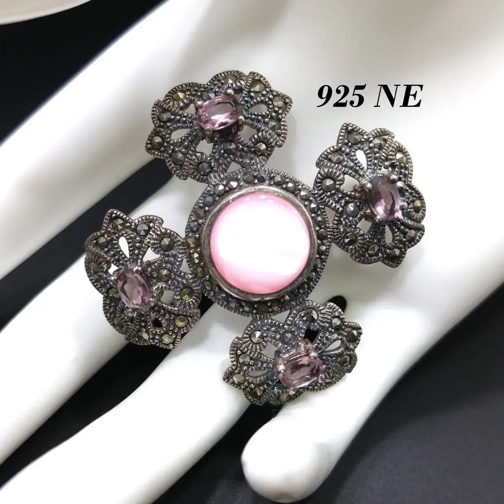 Sterling Marcasite Pink Shell Brooch, 925 NE, Purple Glass, 1950s Vintage